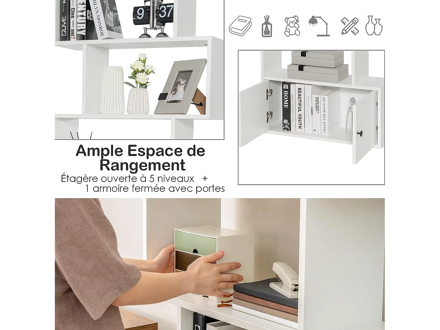 Bibliothèque à 6 niveaux avec 2 portes-70 x 23 x 183 cm-étagère de rangement en bois forme en S, Blanc