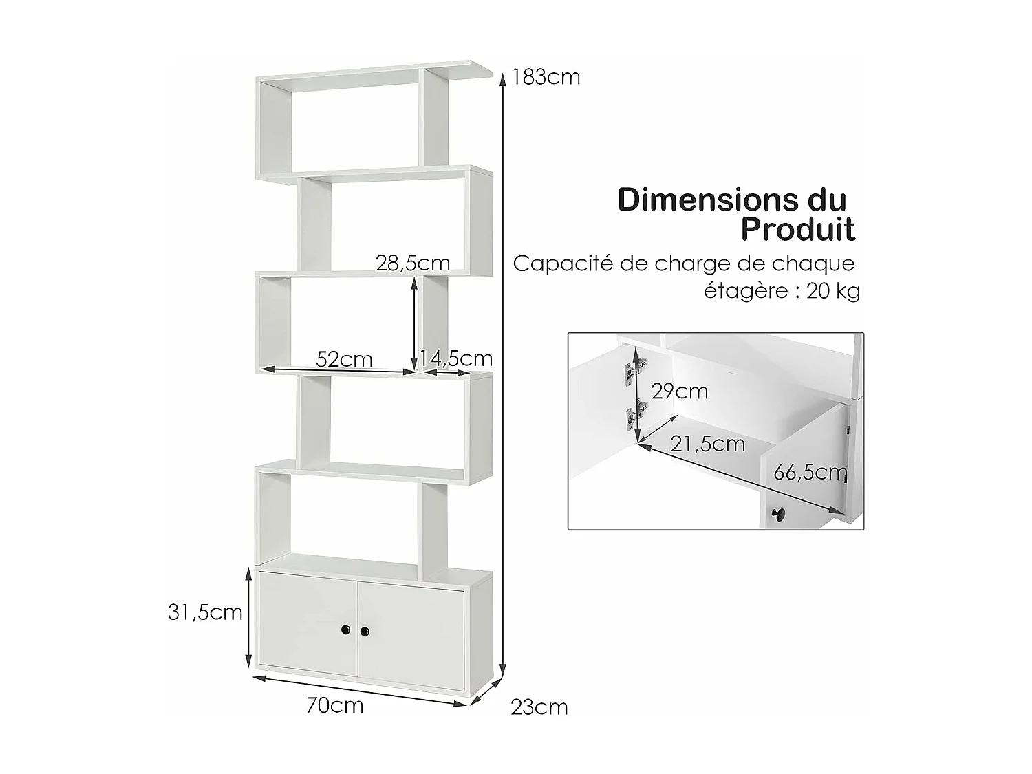 Bibliothèque à 6 niveaux avec 2 portes-70 x 23 x 183 cm-étagère de rangement en bois forme en S, Blanc