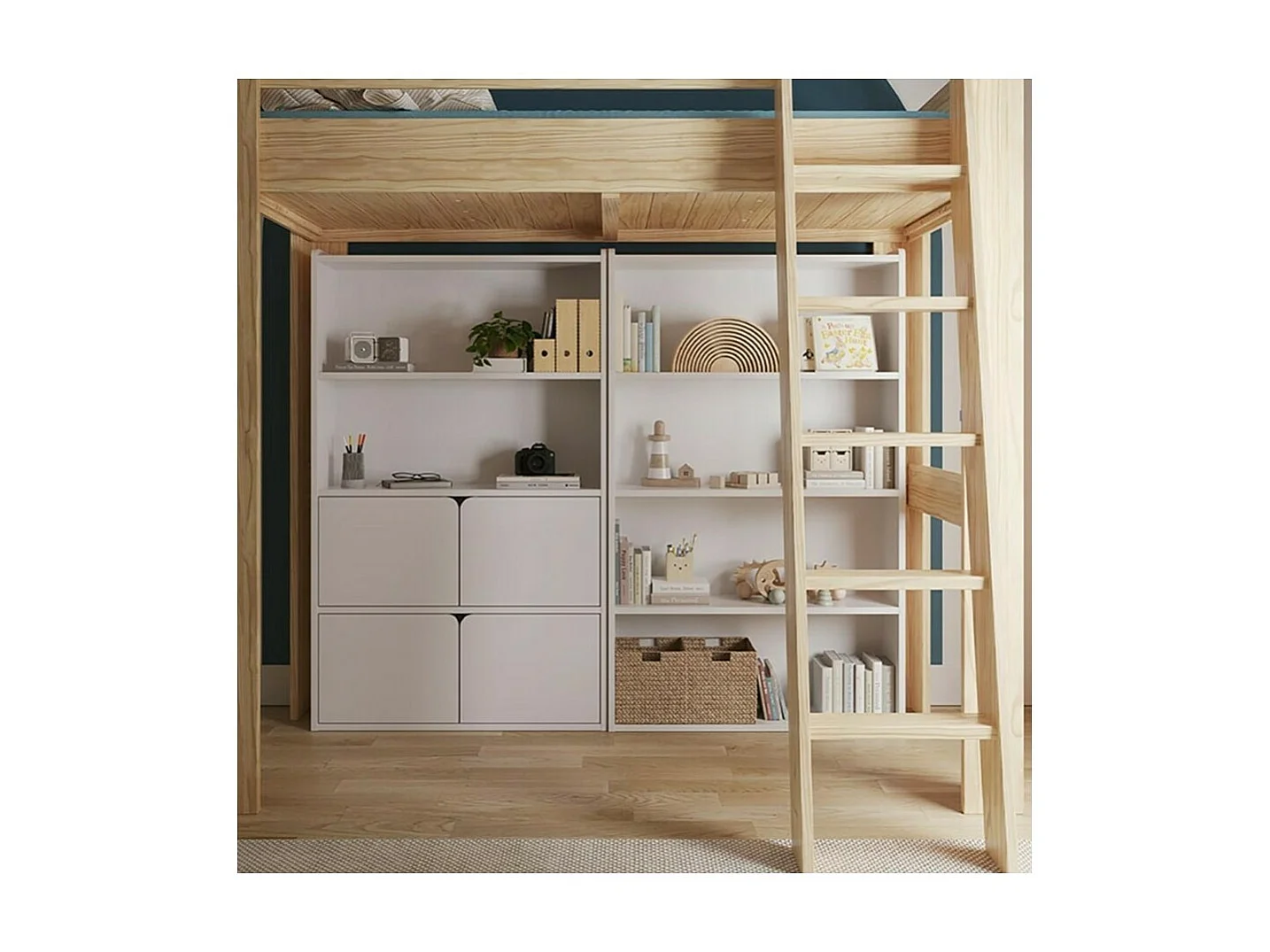 Bibliothèque étagère 4 portes  bois massif blanc SIDNEY