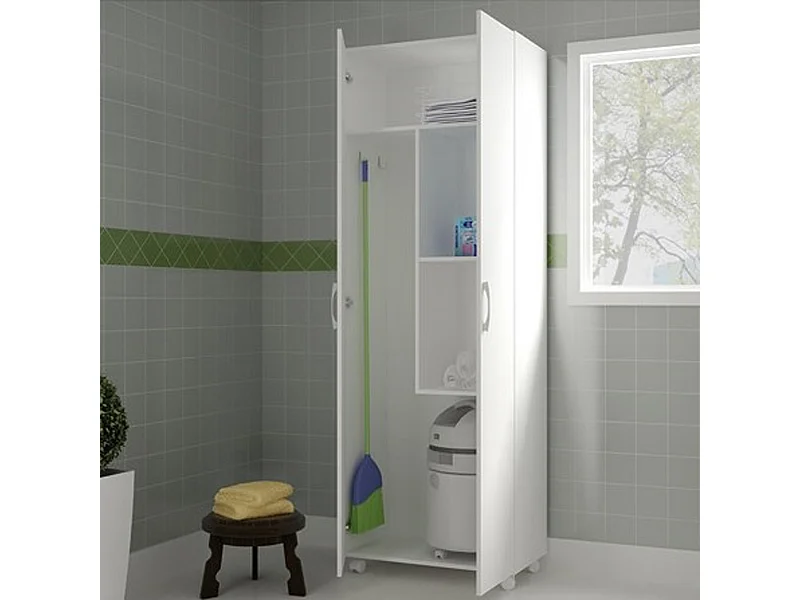 Armario Escobero Multiusos Dos Puertas, Ruedas, Color Blanco (Alto 183 / Ancho 72 / Fondo 41) Cm - Buyqualia