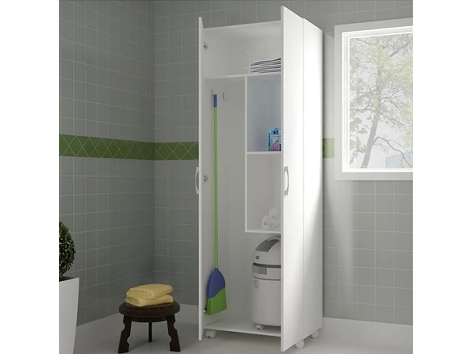 Armario Escobero Multiusos Dos Puertas, Ruedas, Color Blanco (Alto 183 / Ancho 72 / Fondo 41) Cm - Buyqualia