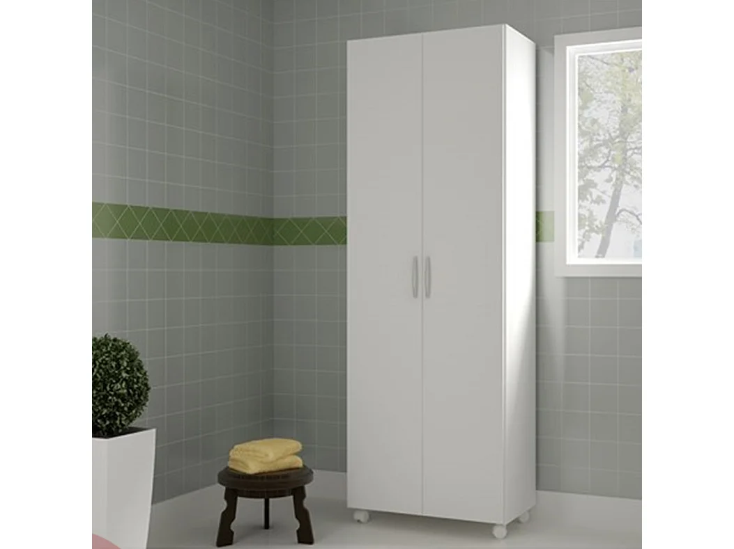 Armario Escobero Multiusos Dos Puertas, Ruedas, Color Blanco (Alto 183 / Ancho 72 / Fondo 41) Cm - Buyqualia