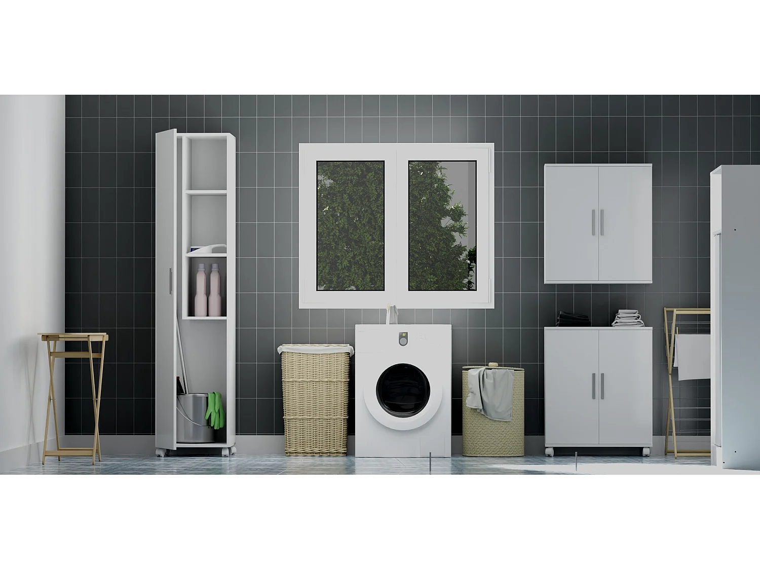 Armario Multiusos o escobero una Puerta y Ruedas en Color Blanco - Buyqualia