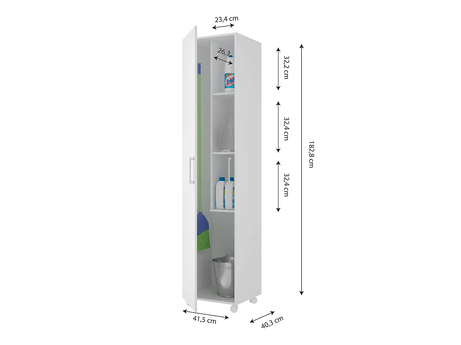 Armario Multiusos o escobero una Puerta y Ruedas en Color Blanco - Buyqualia