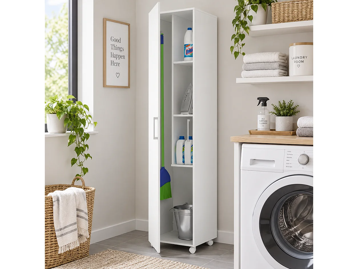 Armario Multiusos o escobero una Puerta y Ruedas en Color Blanco - Buyqualia