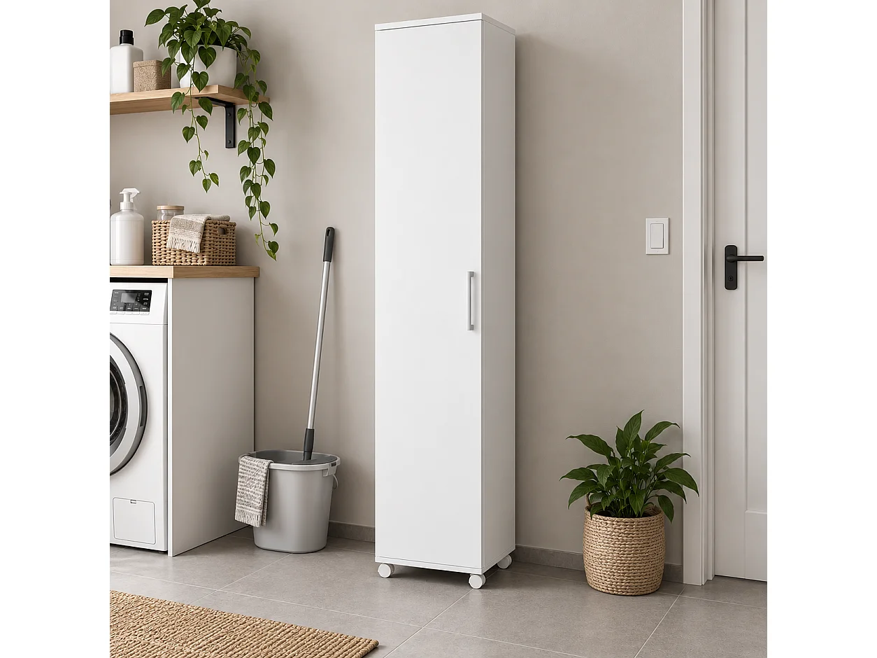 Armario Multiusos o escobero una Puerta y Ruedas en Color Blanco - Buyqualia