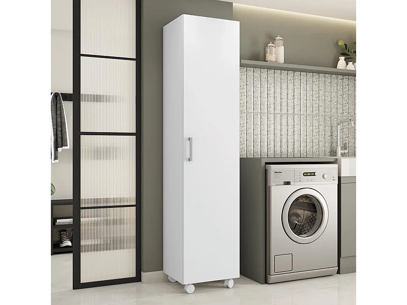 Armario Multiusos o escobero una Puerta y Ruedas en Color Blanco - Buyqualia