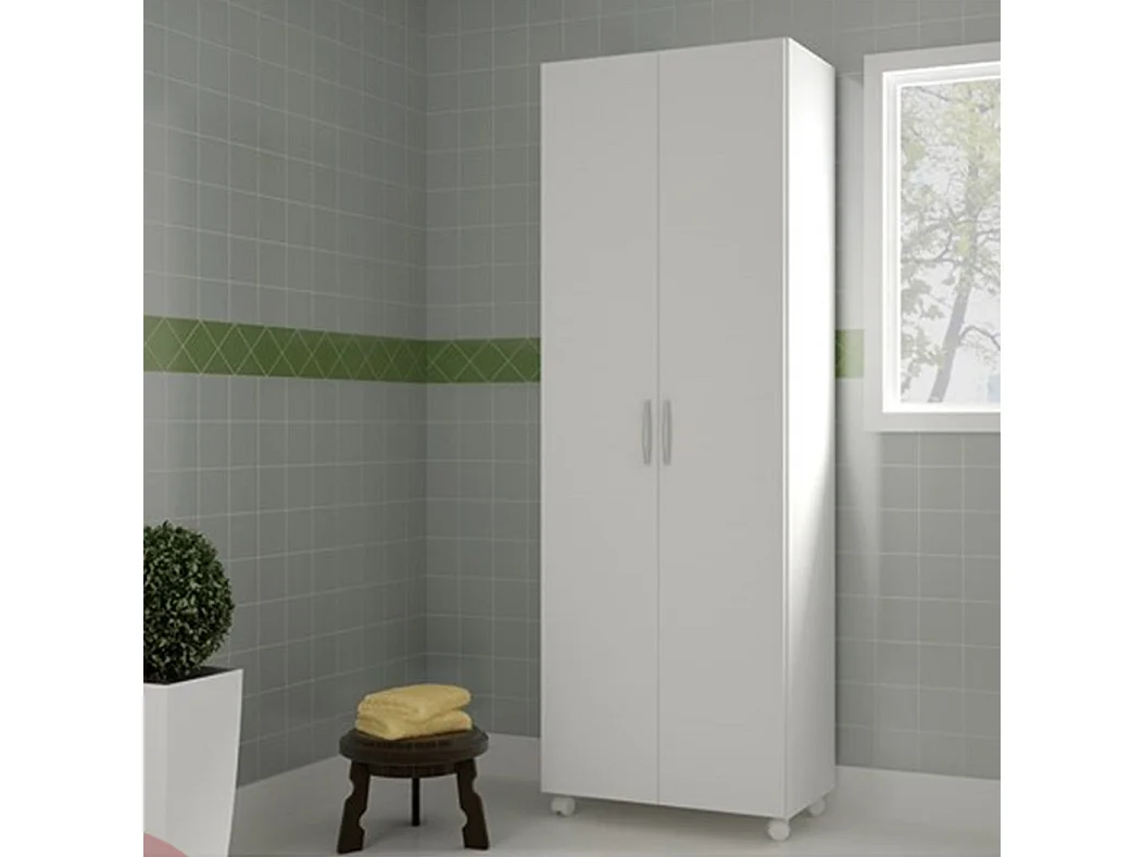Armario Escobero Multiusos Dos Puertas, Ruedas, Color Blanco (Alto 183 / Ancho 72 / Fondo 41) Cm