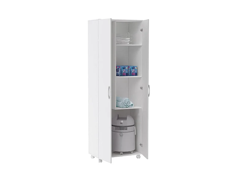 Armario Escobero Multiusos Dos Puertas, Ruedas, Color Blanco (Alto 183 / Ancho 72 / Fondo 41) Cm