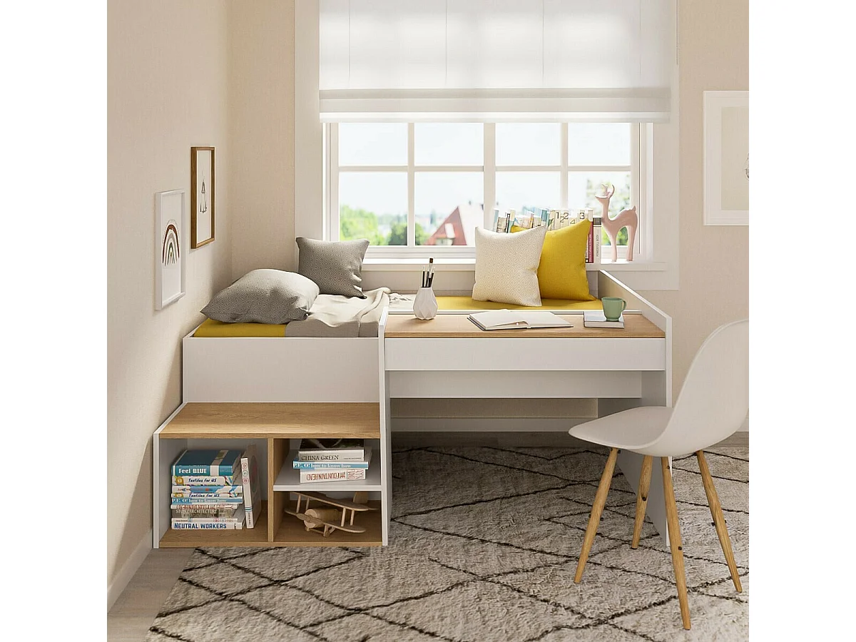 Lit combiné avec bureau 90x190 cm panneaux de fibres blanc et noisette BORUTO