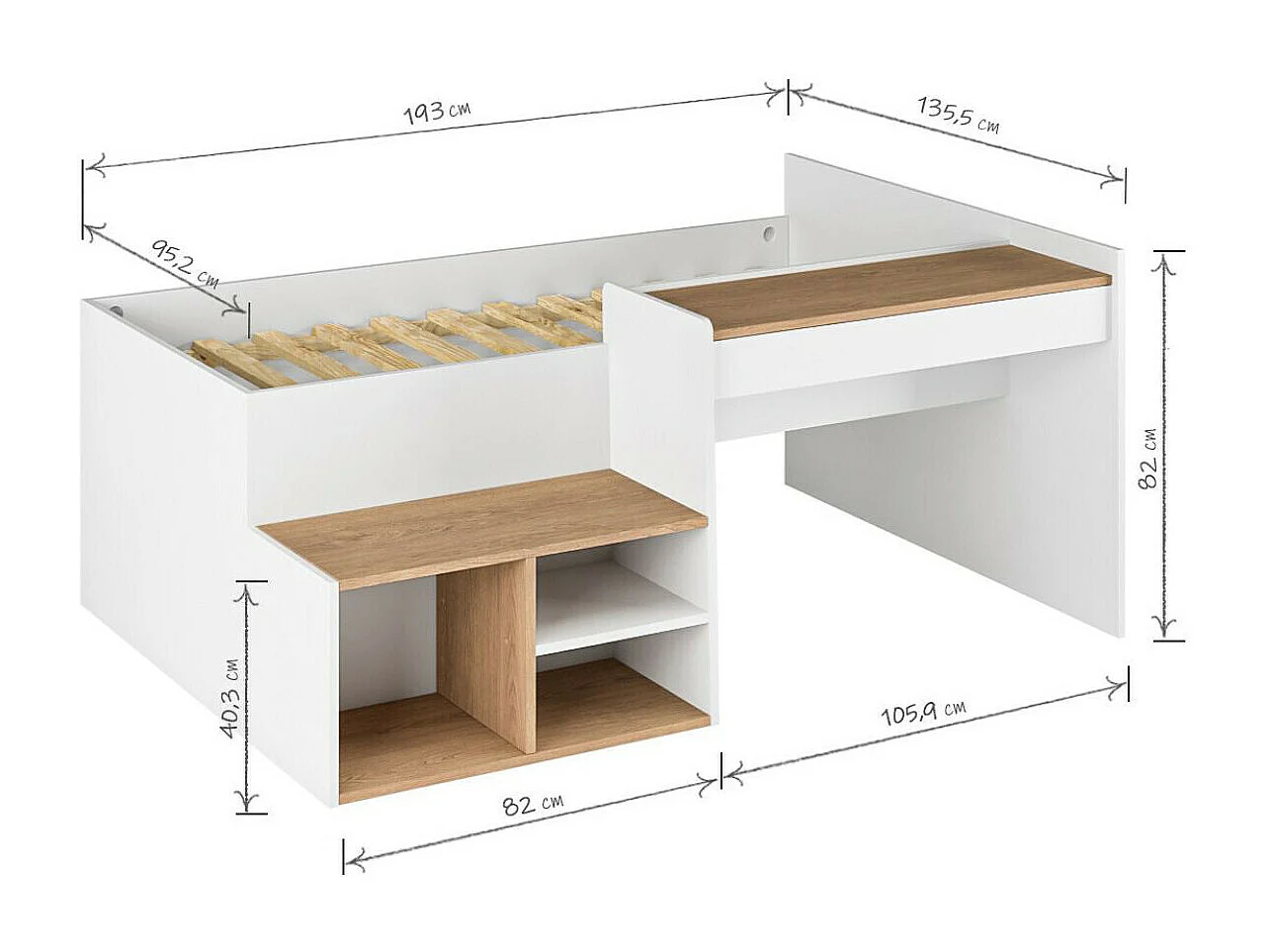 Lit combiné avec bureau 90x190 cm panneaux de fibres blanc et noisette BORUTO