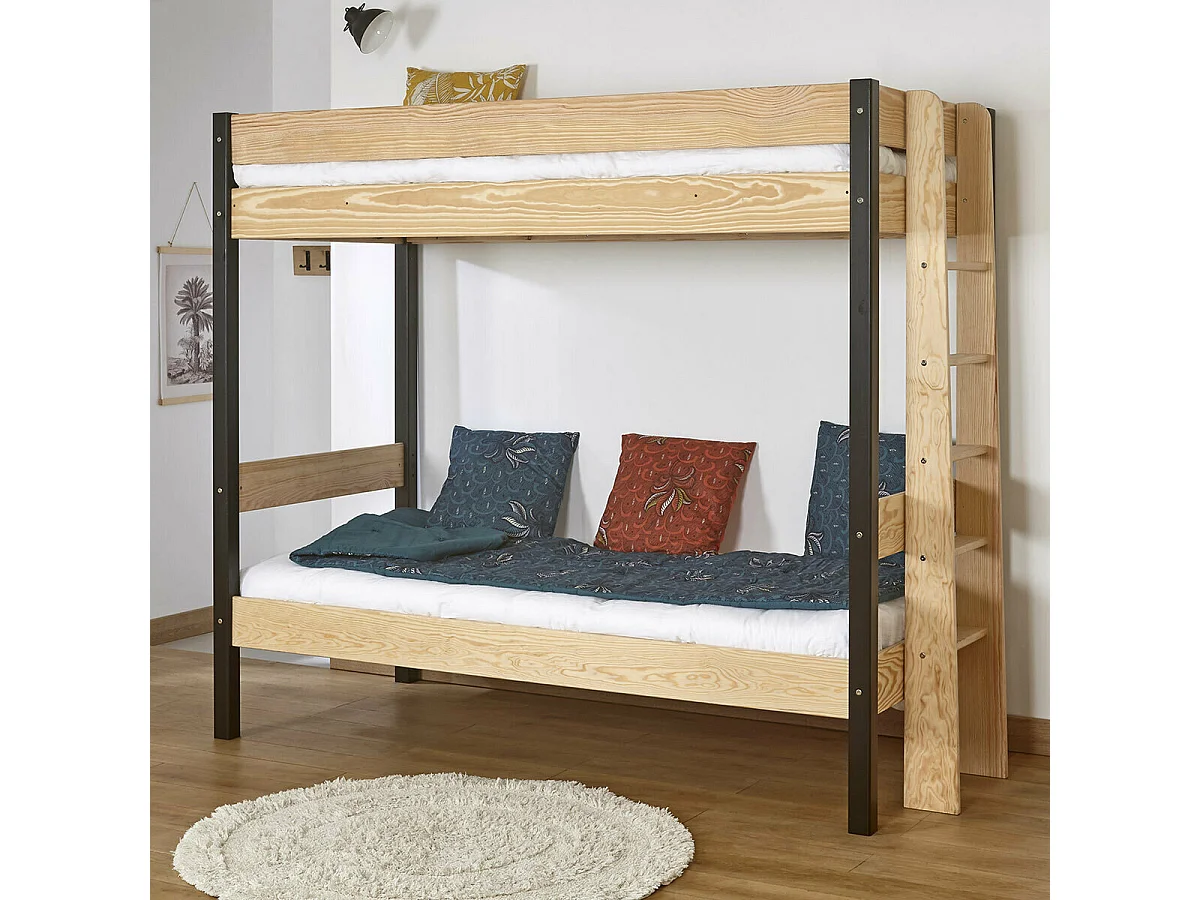 Pack lit superposé avec matelas 90x190 cm bois massif blanc et bois TINO