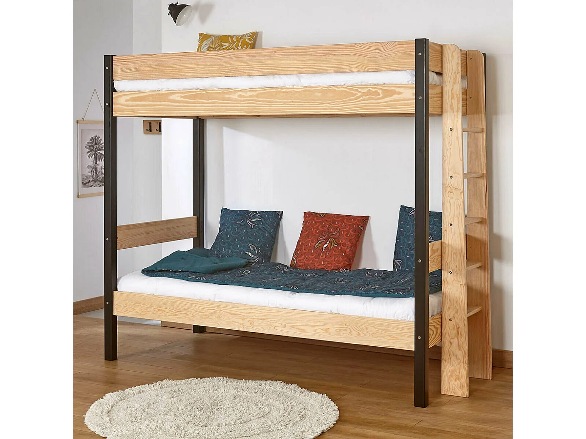 Pack lit superposé avec matelas 90x190 cm bois massif noir et bois TINO