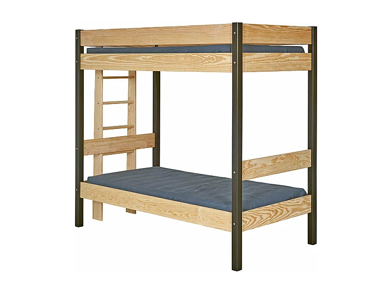 Pack lit superposé avec matelas 90x190 cm bois massif noir et bois TINO