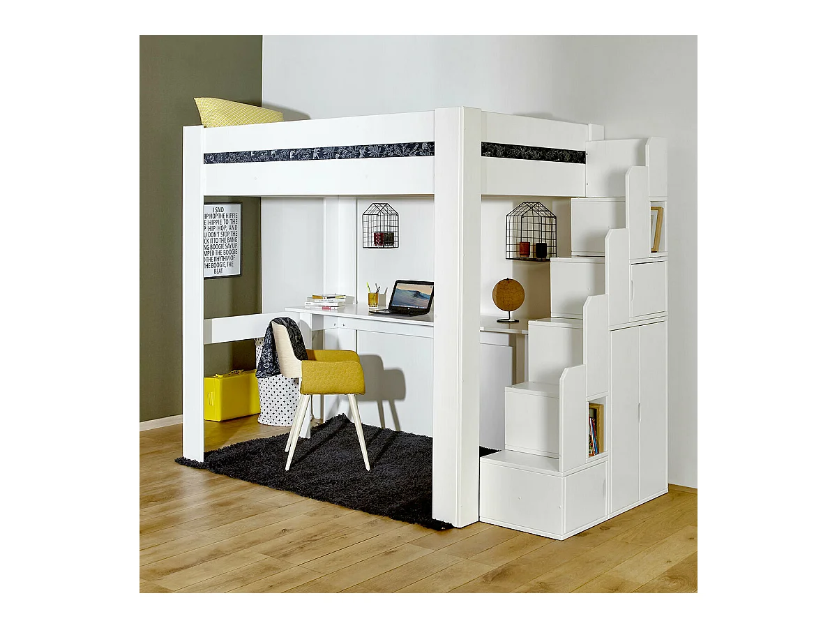Lit mezzanine 2 places avec bureau 140x190 cm bois massif blanc LEX