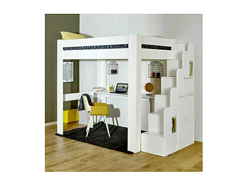 Lit mezzanine 2 places avec bureau 120x190 cm bois massif blanc et bois LEX