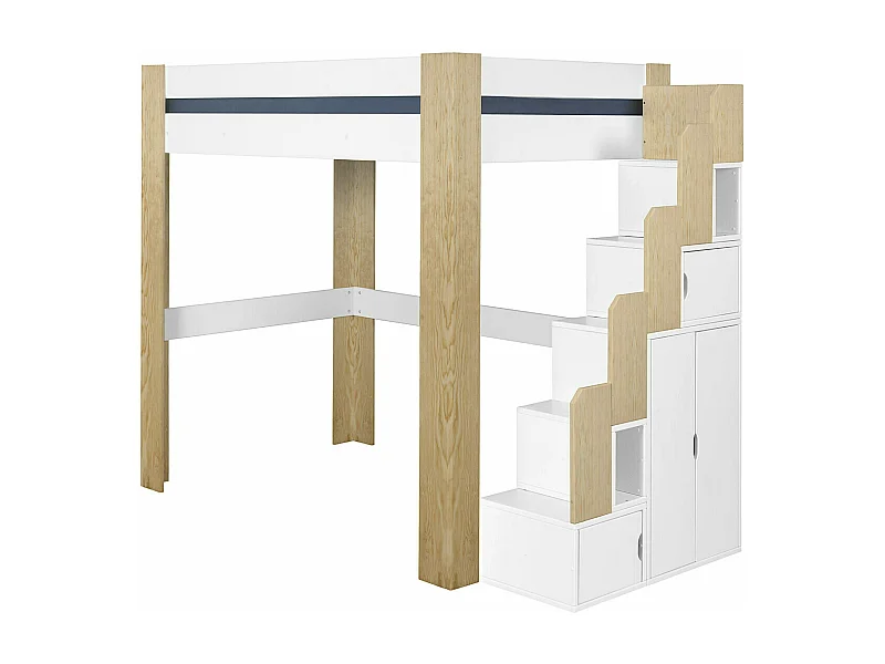 Pack lit mezzanine avec escalier et matelas 90x190 cm bois massif blanc et bois LEX