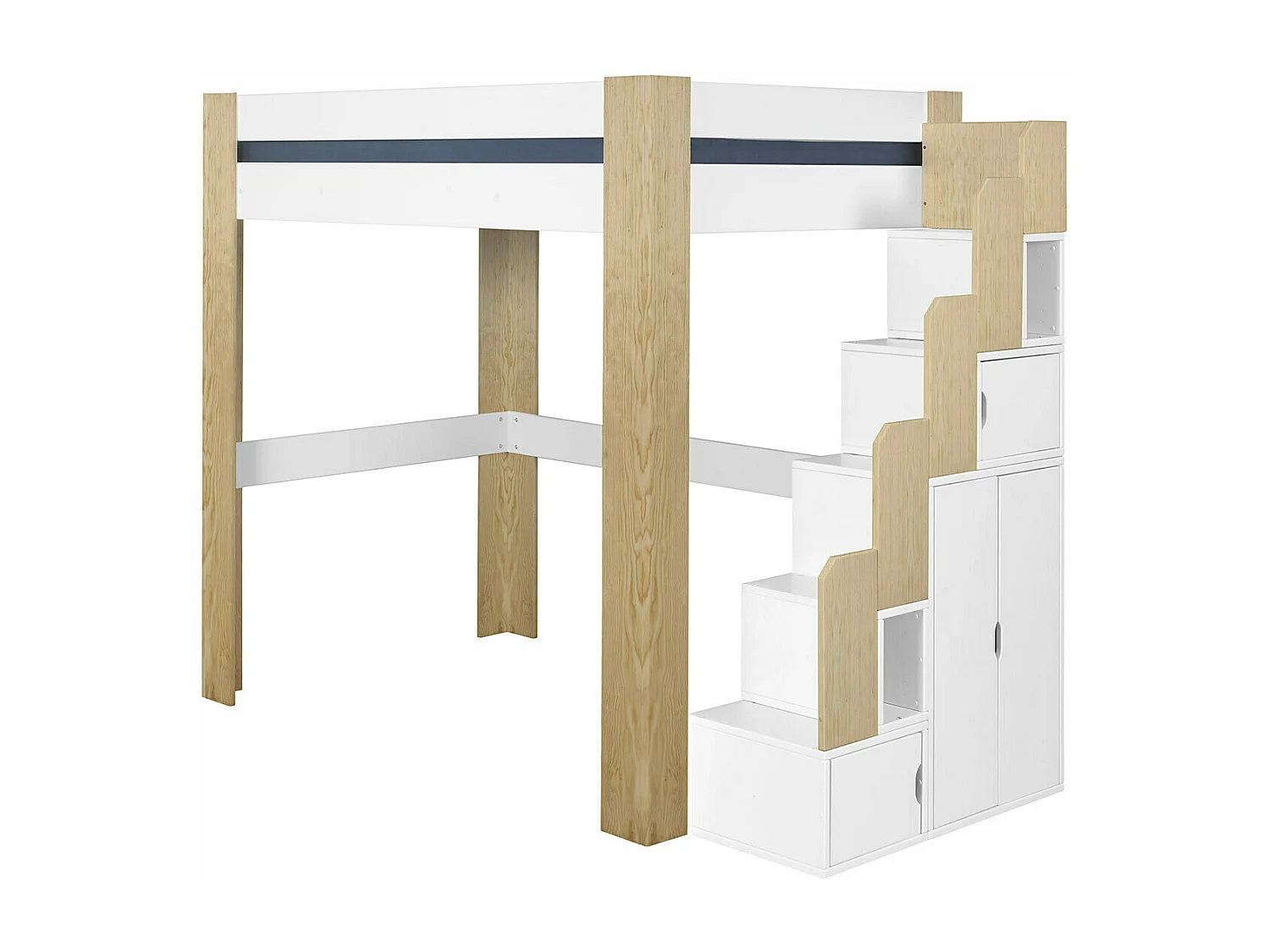 Pack lit mezzanine avec escalier et matelas 90x190 cm bois massif blanc et bois LEX