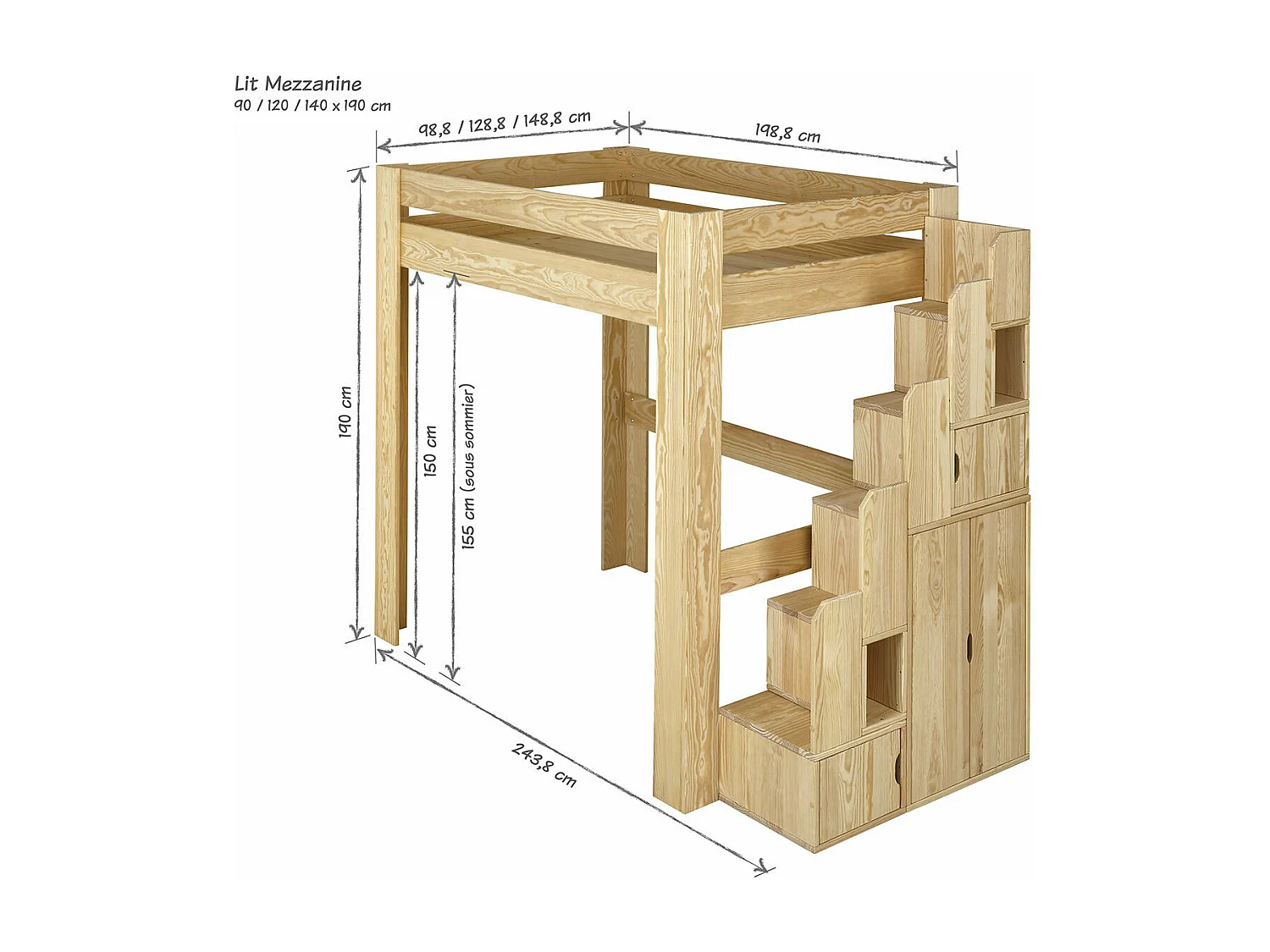 Pack lit mezzanine avec escalier et matelas 90x190 cm bois massif bois naturel LEX
