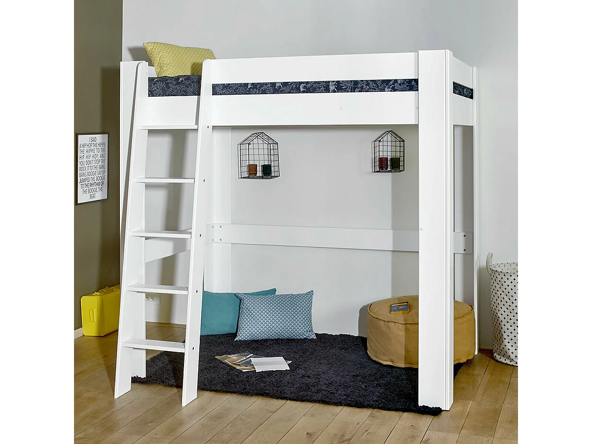 Lit mezzanine 2 places 120x190 cm bois massif blanc LEE