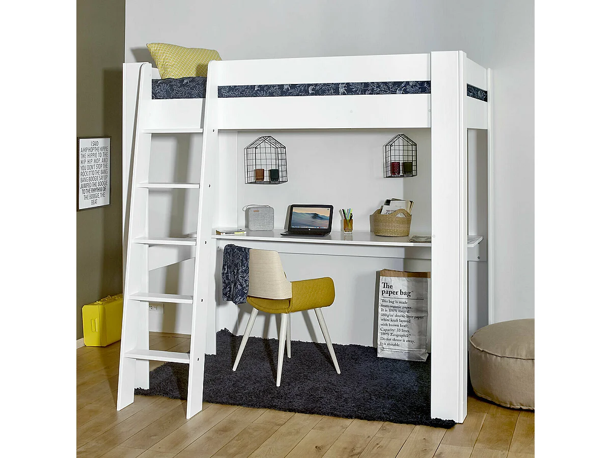 Pack lit mezzanine avec bureau et matelas 90x190 cm bois massif blanc LEE