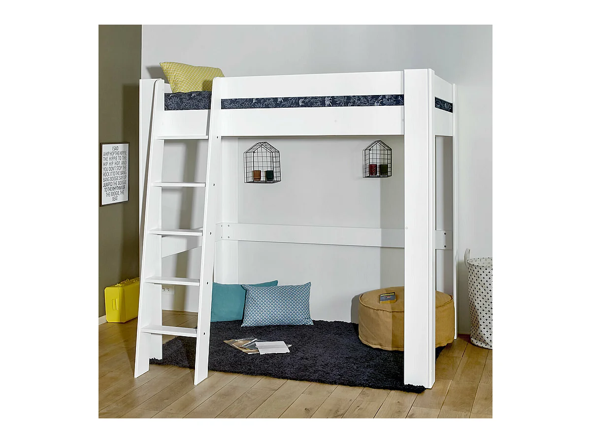 Lit mezzanine 2 places 140x190 cm bois massif blanc LEE