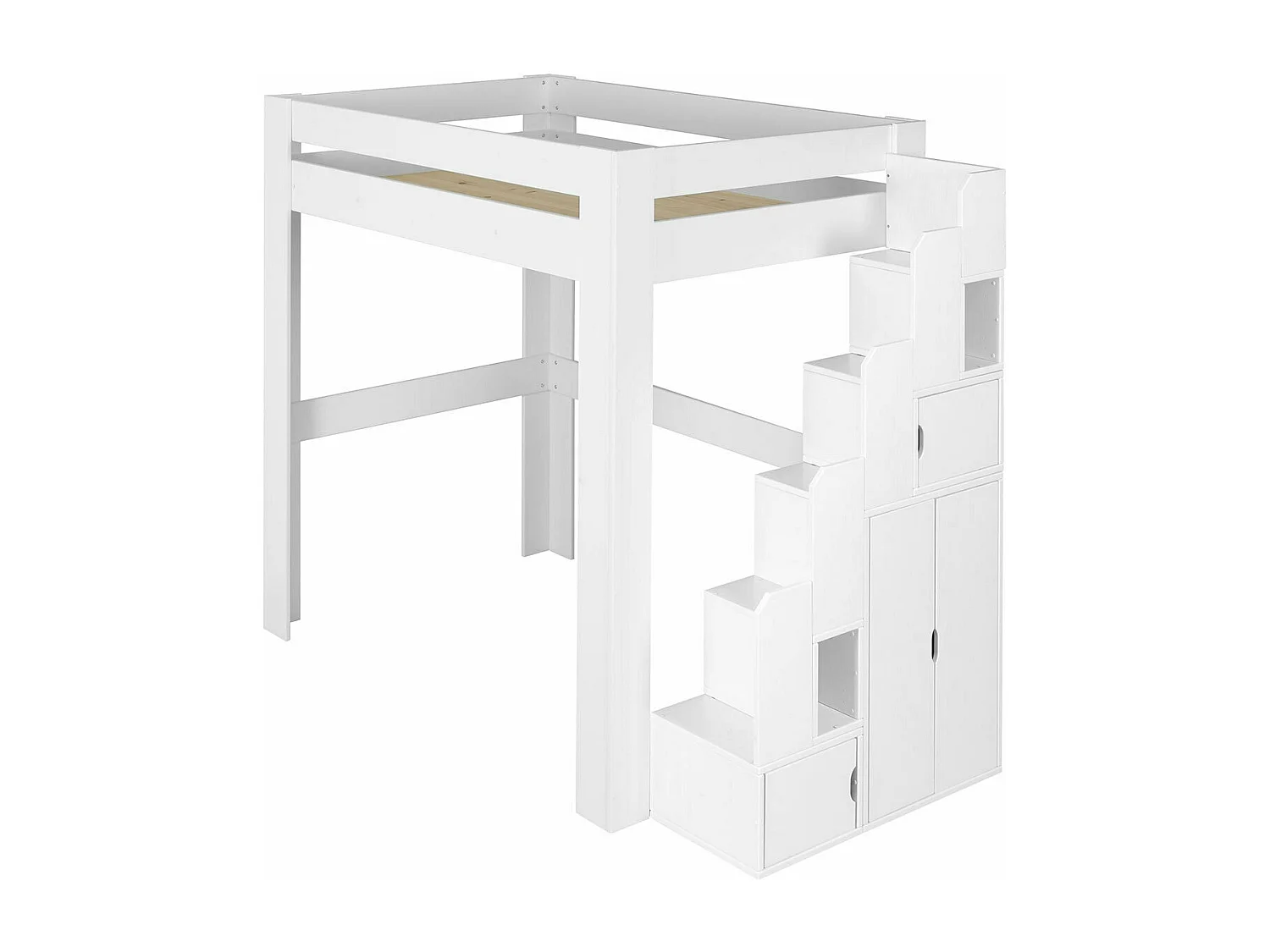 Lit mezzanine avec escalier et bureau 90x190 cm bois massif blanc LEX