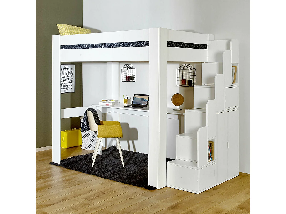 Lit mezzanine avec escalier et bureau 90x190 cm bois massif blanc LEX