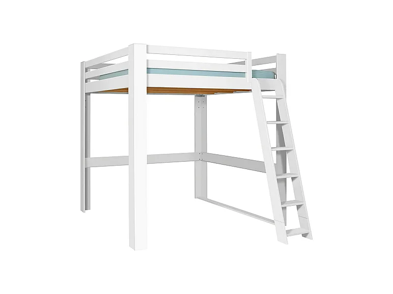 Lit mezzanine 2 places 200x200 cm bois massif blanc SURI