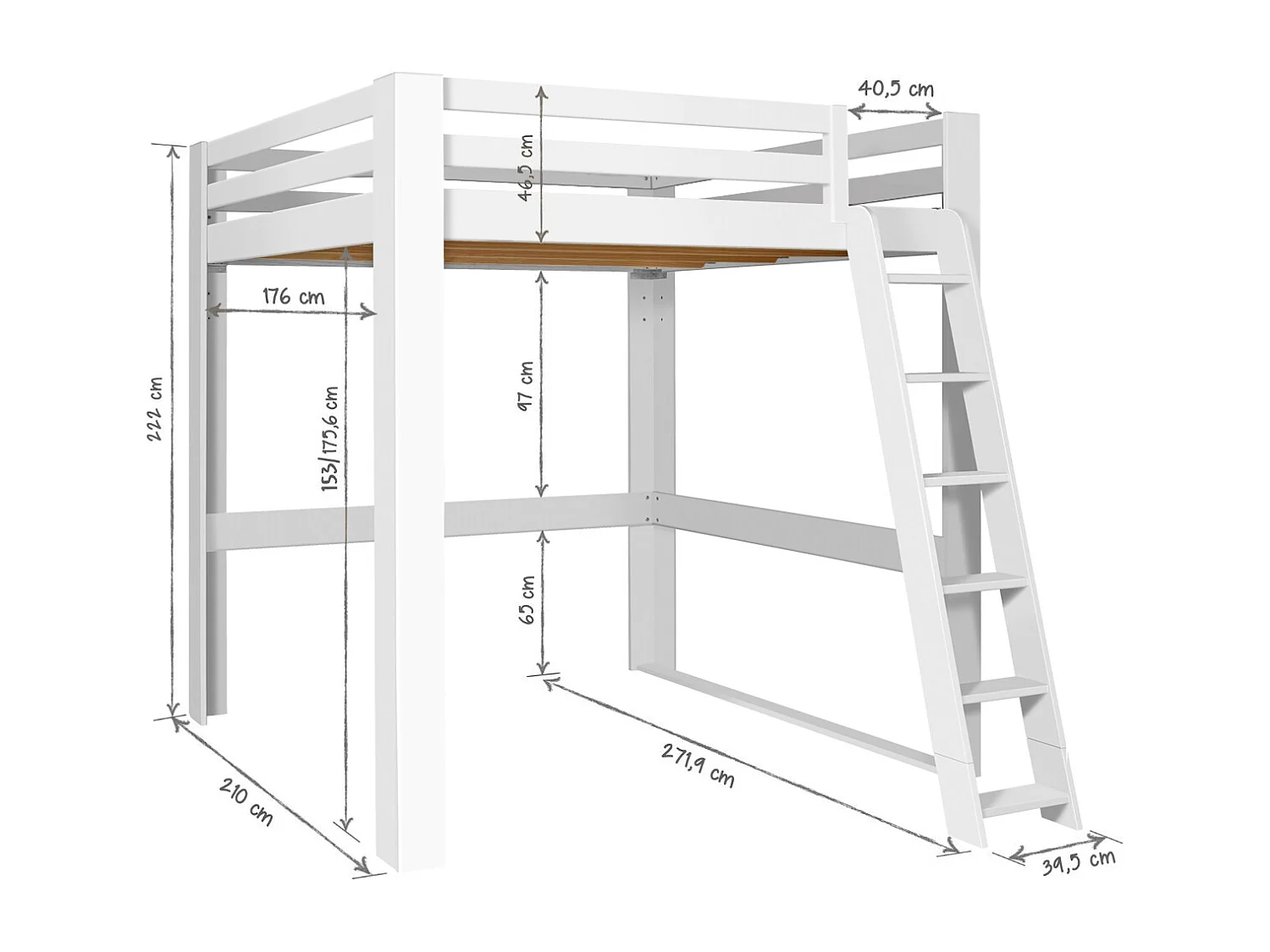 Lit mezzanine 2 places 200x200 cm bois massif blanc SURI
