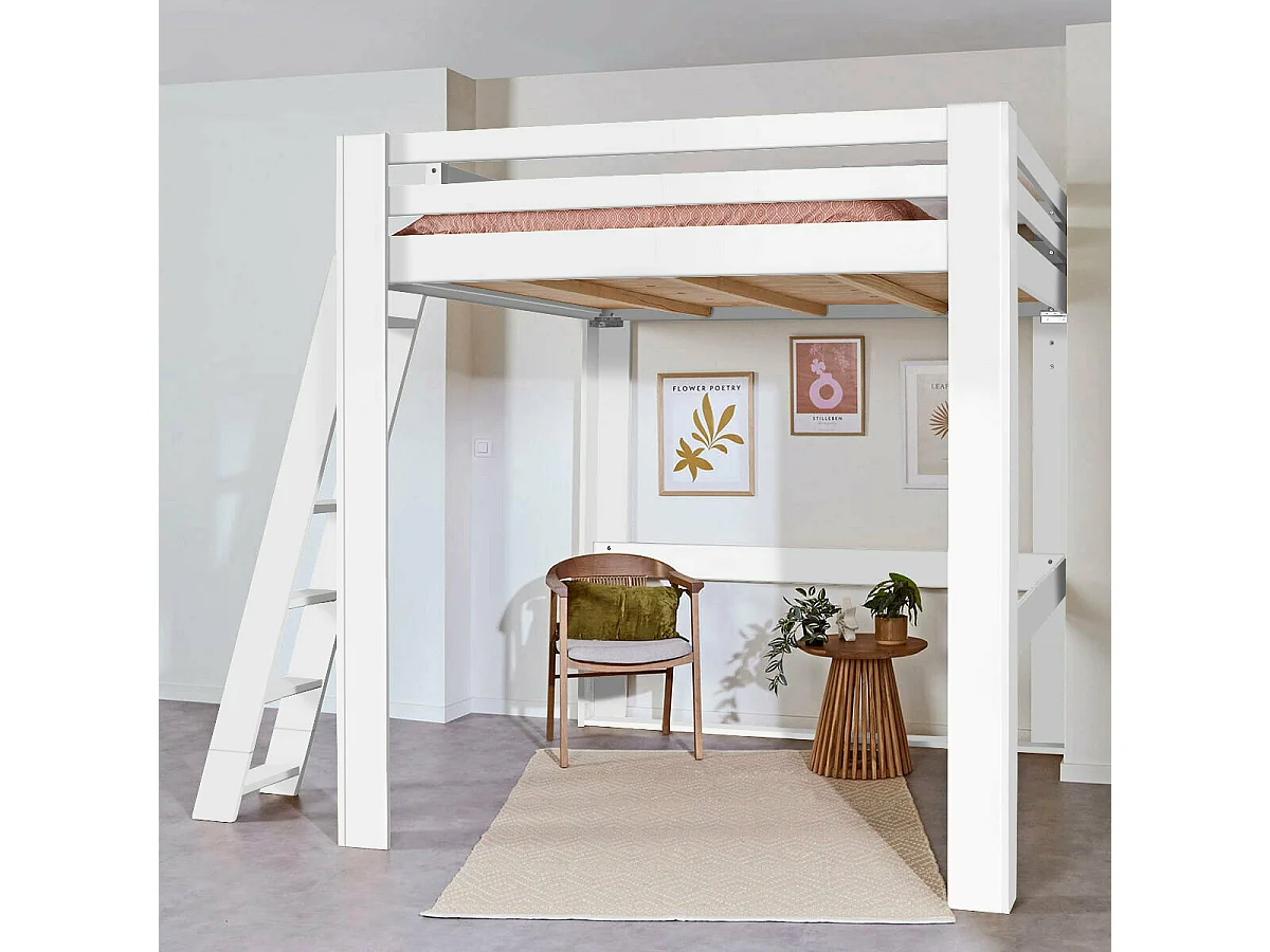 Lit mezzanine 2 places 200x200 cm bois massif blanc SURI