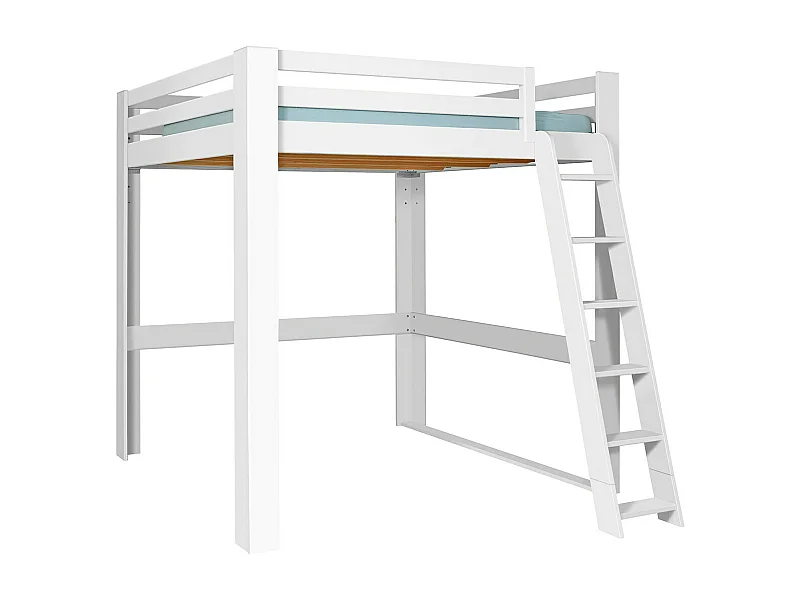 Lit mezzanine 2 places 200x200 cm bois massif blanc SURI