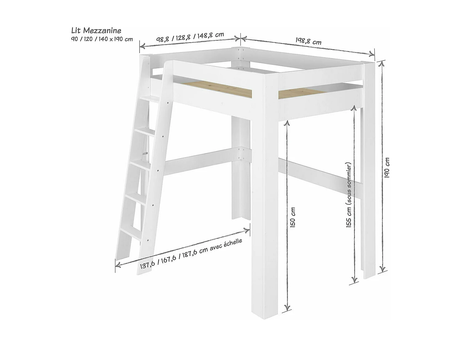 Pack lit mezzanine avec matelas 90x190 cm bois massif blanc LEE