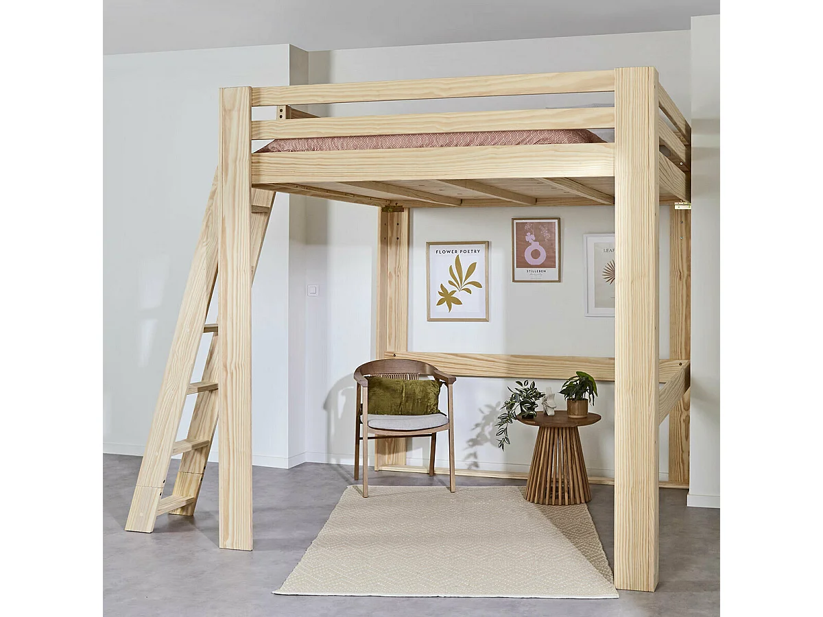 Lit mezzanine 2 places 200x200 cm bois massif bois SURI