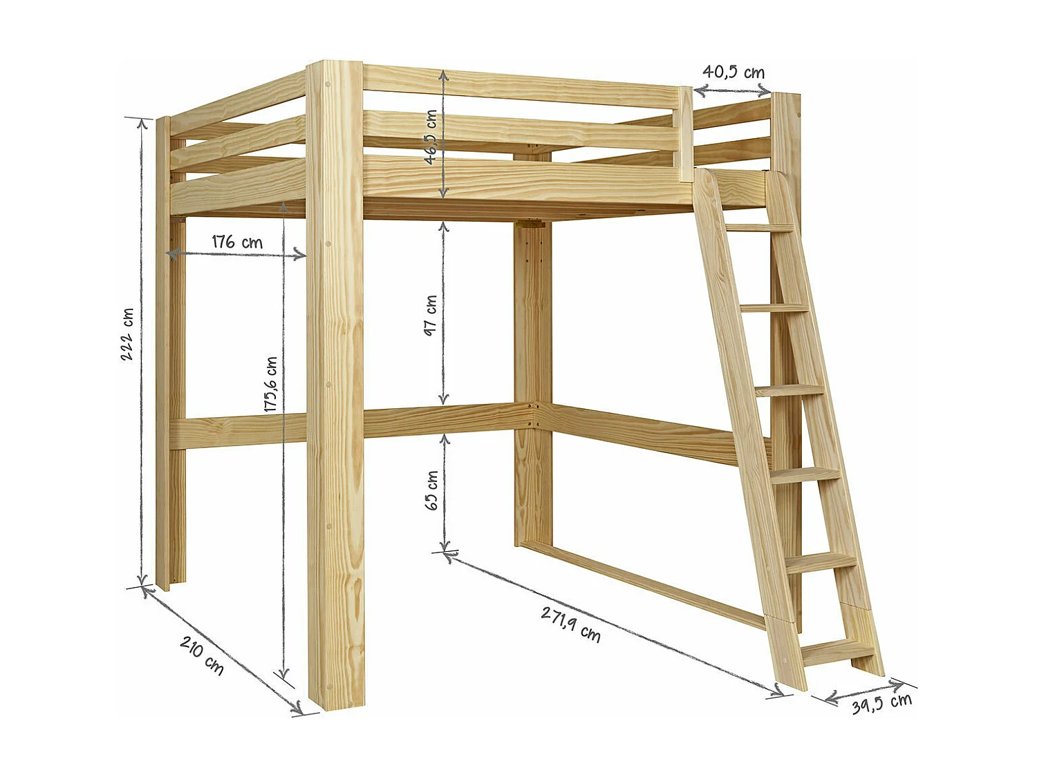 Lit mezzanine 2 places 200x200 cm bois massif bois SURI