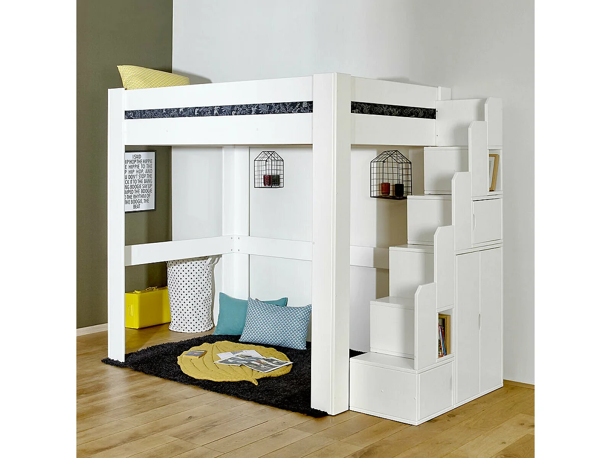 Lit mezzanine 2 places 140x190 cm bois massif blanc LEX