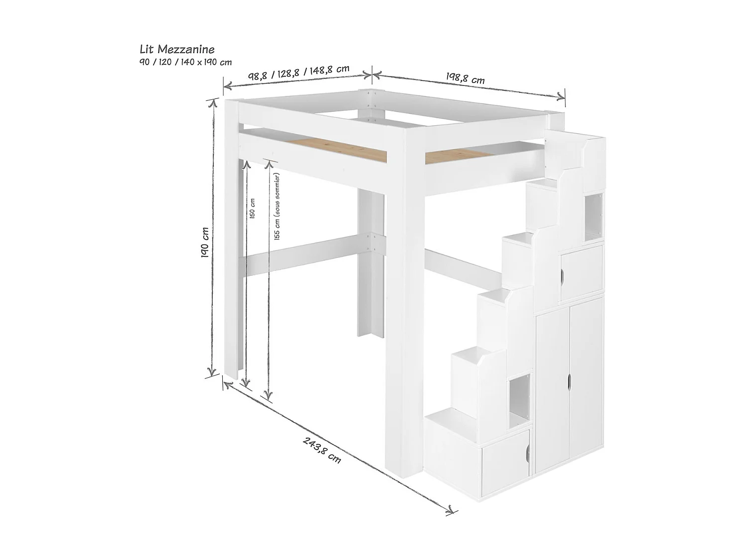Lit mezzanine 2 places 140x190 cm bois massif blanc LEX
