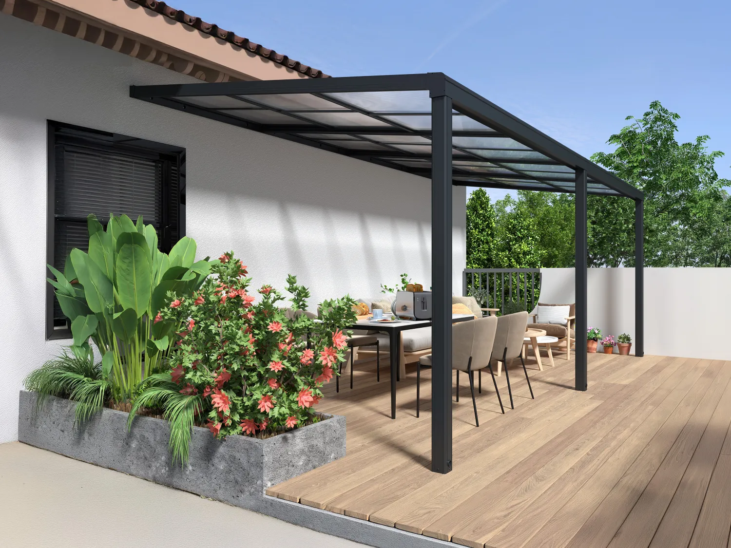 Pérgola adosada con techo corredizo - 18 m² - antracita - IZEDA