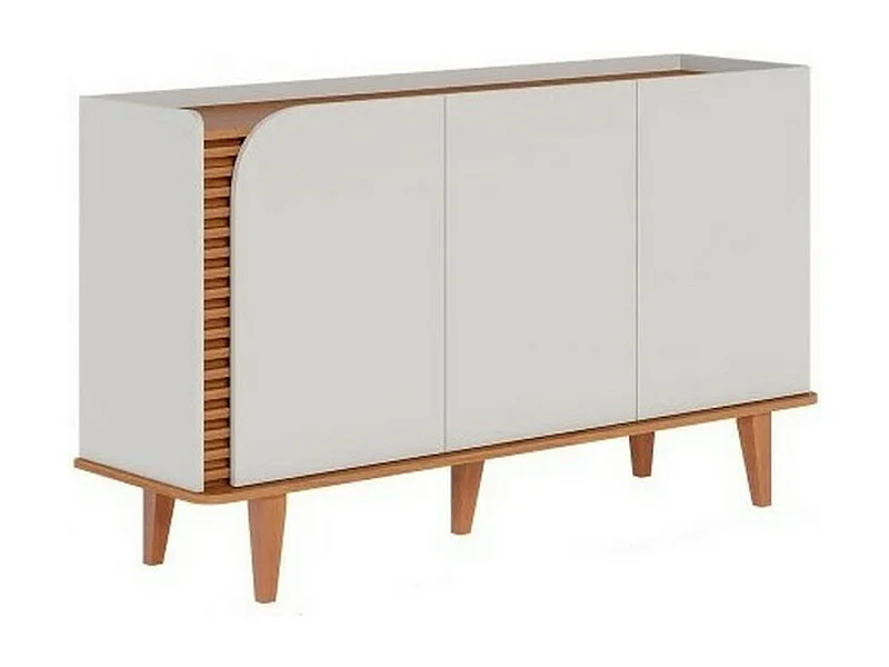 Buffet Bas 3 Portes 5 Niches Blanc et Chêne 5 Pieds Bois L 136 H 79.2 P 39.3 cm