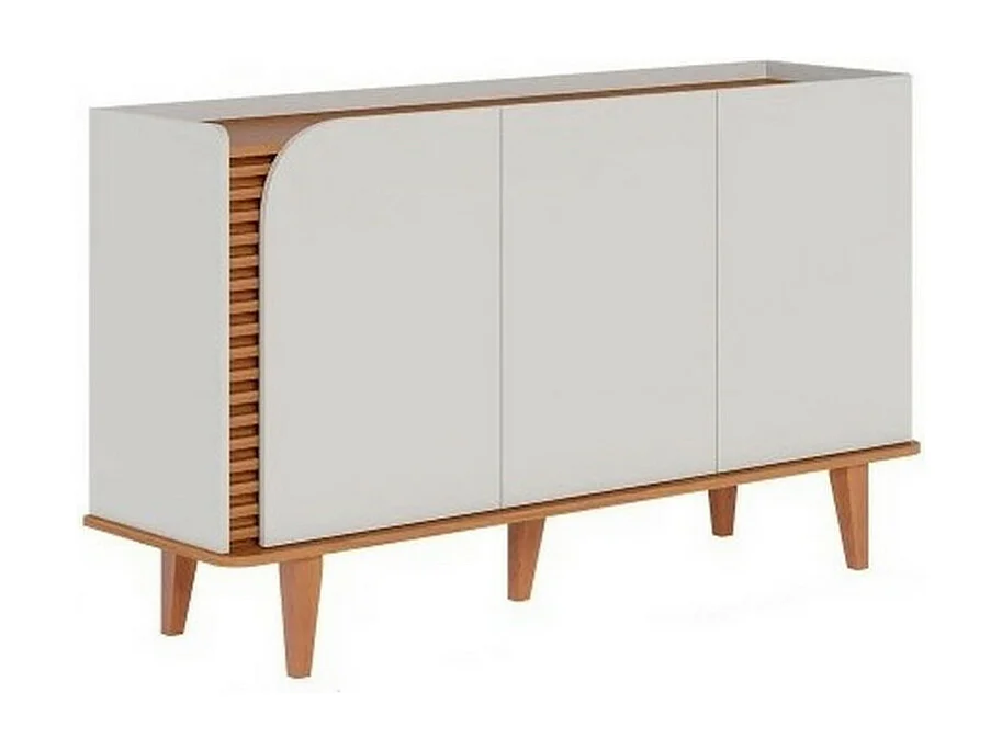 Buffet Bas 3 Portes 5 Niches Blanc et Chêne 5 Pieds Bois L 136 H 79.2 P 39.3 cm