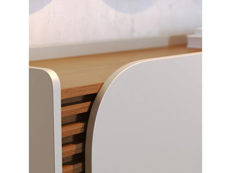 Buffet Bas 3 Portes 5 Niches Blanc et Chêne 5 Pieds Bois L 136 H 79.2 P 39.3 cm