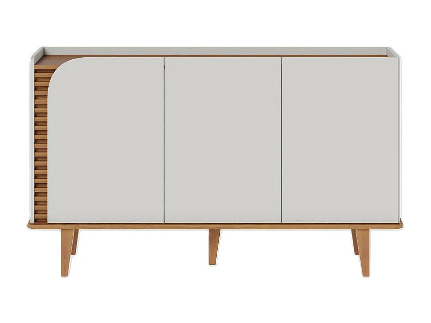 Buffet Bas 3 Portes 5 Niches Blanc et Chêne 5 Pieds Bois L 136 H 79.2 P 39.3 cm