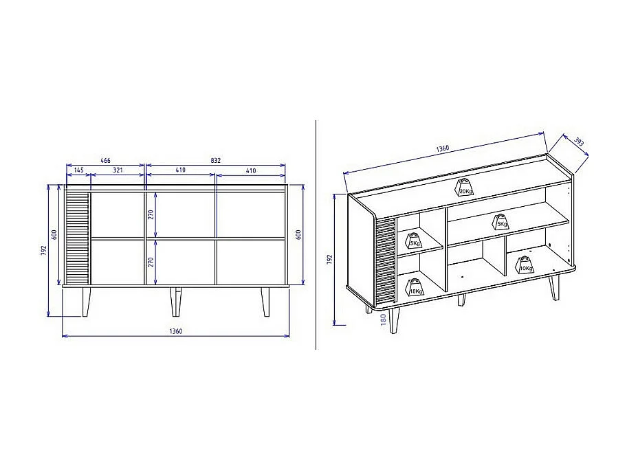 Buffet Bas 3 Portes 5 Niches Blanc et Chêne 5 Pieds Bois L 136 H 79.2 P 39.3 cm