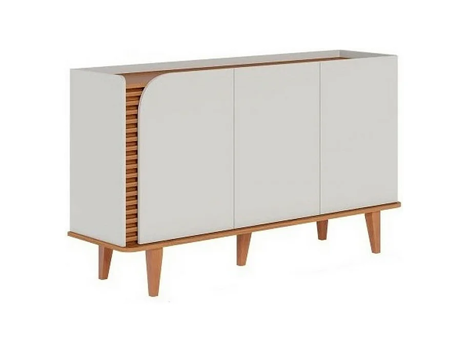 Buffet Bas 3 Portes 5 Niches Blanc et Chêne 5 Pieds Bois L 136 H 79.2 P 39.3 cm
