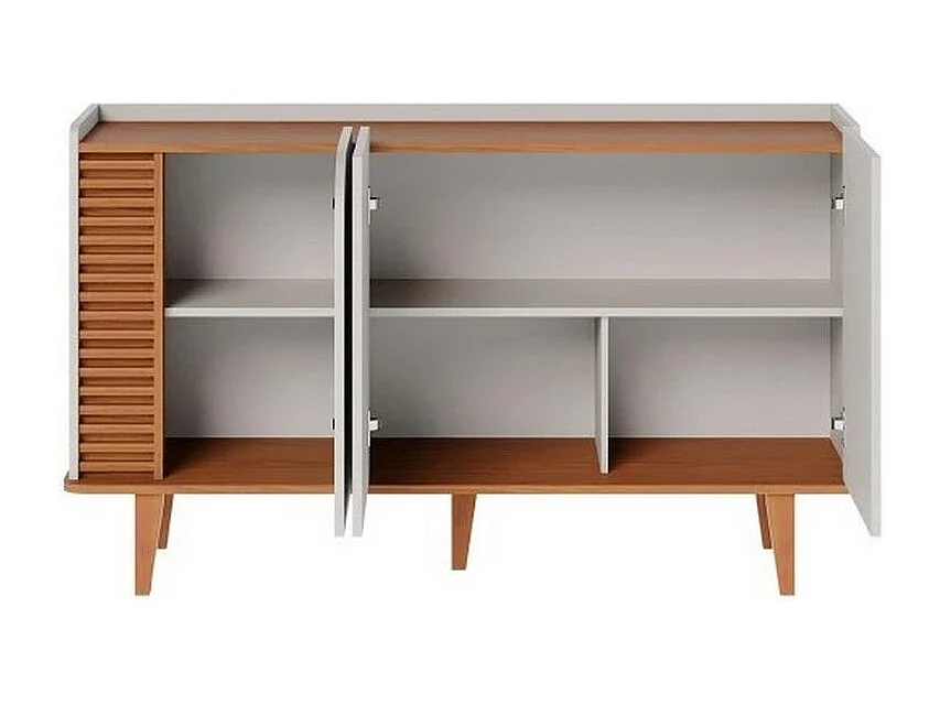 Buffet Bas 3 Portes 5 Niches Blanc et Chêne 5 Pieds Bois L 136 H 79.2 P 39.3 cm