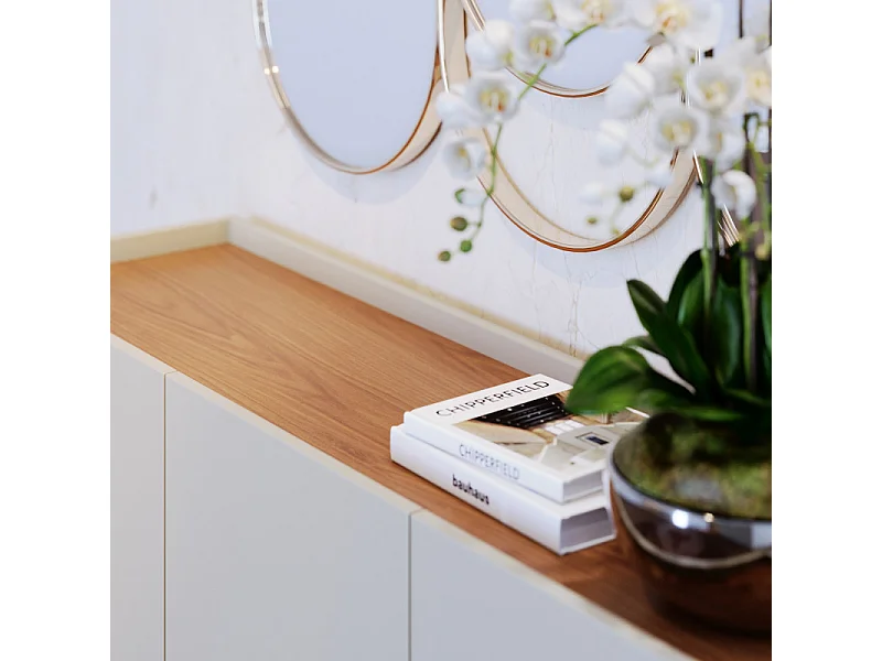 Buffet Bas 3 Portes 5 Niches Blanc et Chêne 5 Pieds Bois L 136 H 79.2 P 39.3 cm