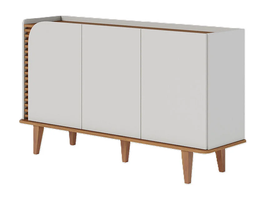 Buffet Bas 3 Portes 5 Niches Blanc et Chêne 5 Pieds Bois L 136 H 79.2 P 39.3 cm