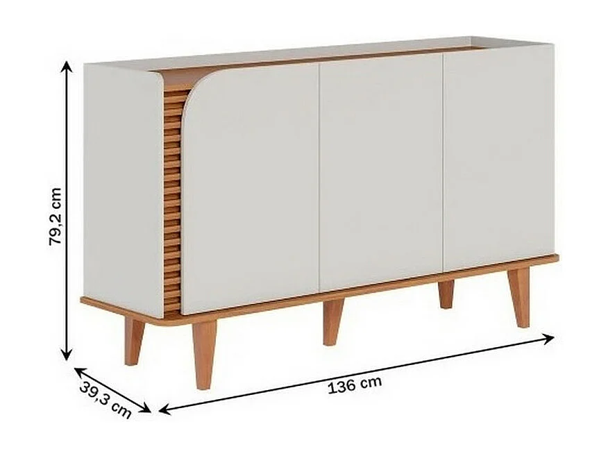 Buffet Bas 3 Portes 5 Niches Blanc et Chêne 5 Pieds Bois L 136 H 79.2 P 39.3 cm