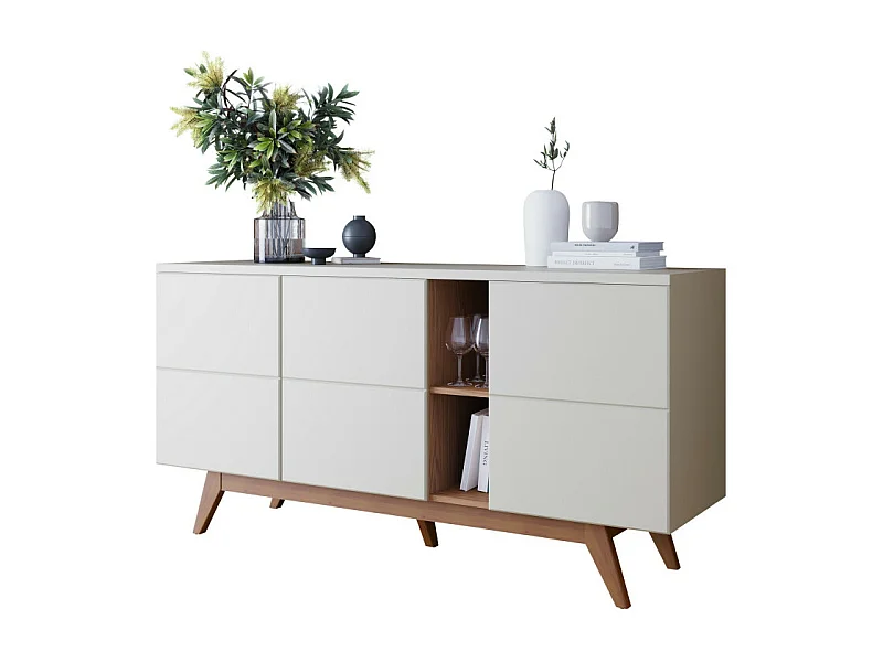 Buffet Bas 3 Portes 7 Niches Blanc et Chêne 5 Pieds Bois L 160 H 80.2 P 44.5 cm