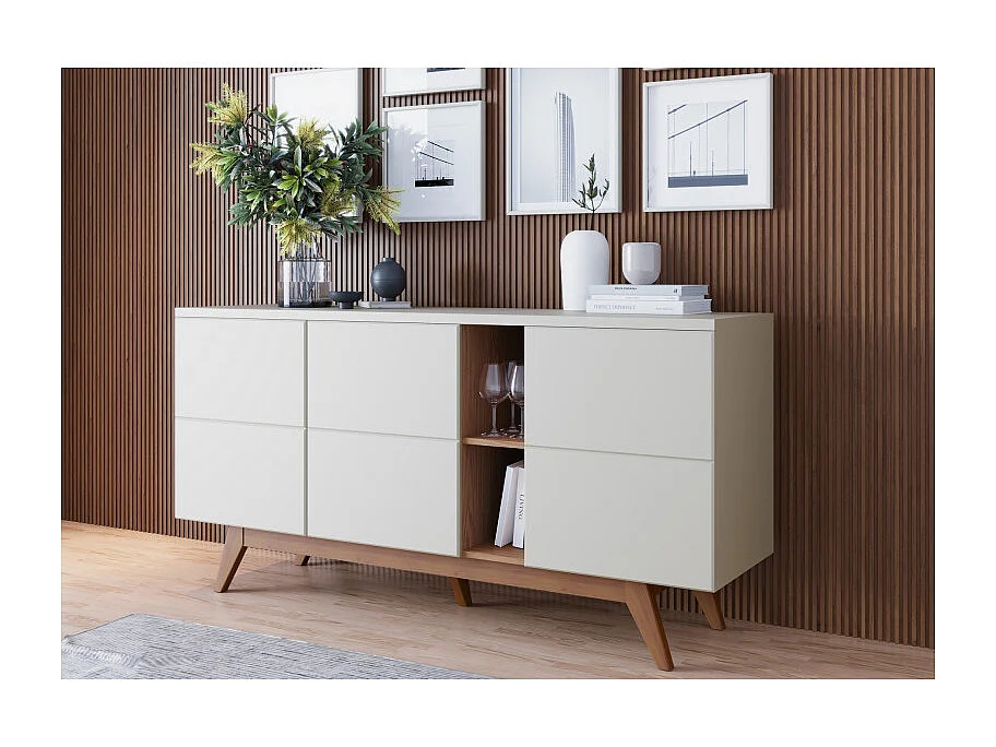 Buffet Bas 3 Portes 7 Niches Blanc et Chêne 5 Pieds Bois L 160 H 80.2 P 44.5 cm
